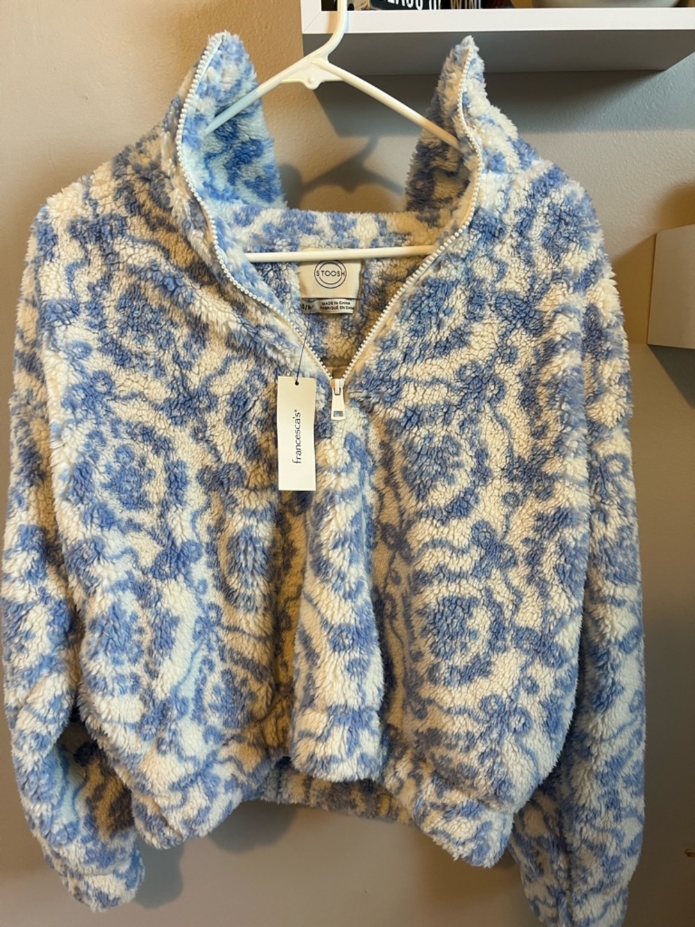 Stoosh Plush Floral Half-Zip Sweater in Blue and Cream